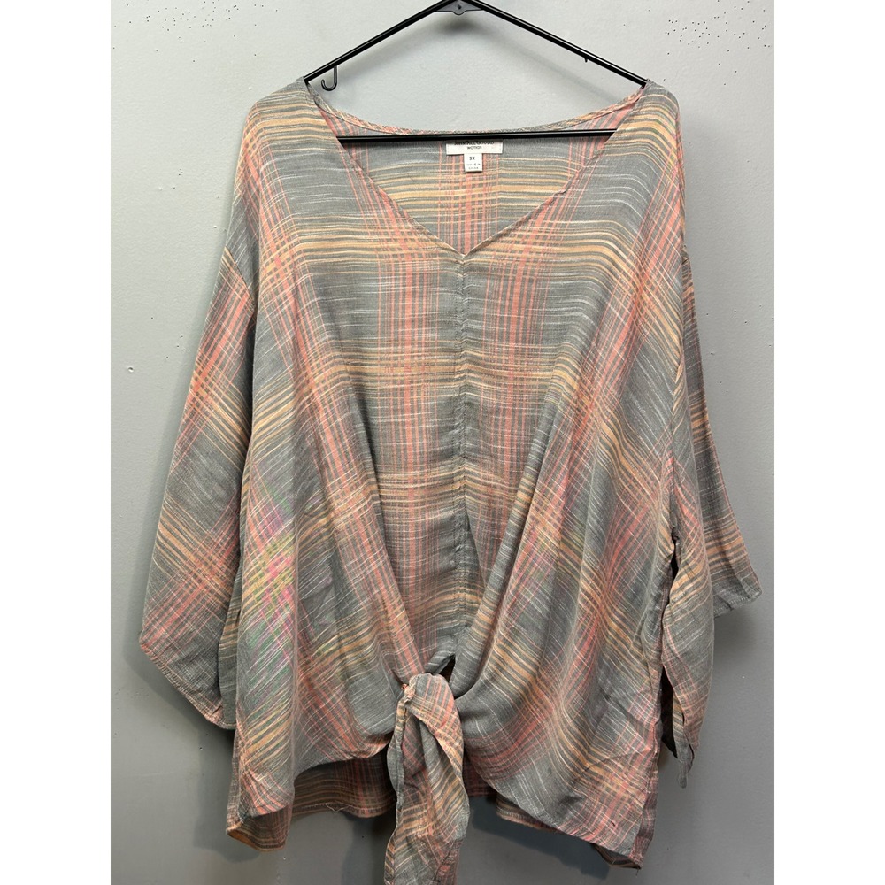 John Paul Richard Woman 3X Plaid Tie Front Kimono Sleeve V Neck Top Shirt